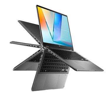 מחשב נייד 14 אינץ' מגע מסתובב אינטל אולטרה קורא כרטיסים אסוס Asus TP3407SA-QL013W VivoBook Flip 14 Inch Touch WUXGA 1920x1200 OLED Intel Core Ultra 5 226V 8 Cores 8MB Cache 4.5GHz Intel ARC 16GB DDR5 1TB NVMe Micro SD Card Reader Windows 11 Home Matte Gray